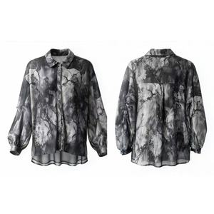 Women's Bohemian mesh Blouse <b>Long</b> Sleeve Turn-down Collar Sheer Plant Print Loose Fit Spring Summer <b>Top</b> - Product Image 1