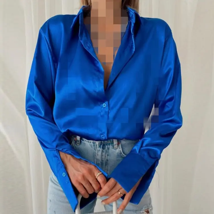 Elegant Satin Long Sleeve Blouses Women 2023 Vintage Blue Green Silk Shirt Women Casual Loose Button Up Female Shirts Tops