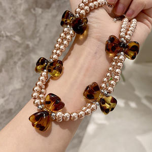 Collar de perlas de imitación con lazo, joyería de fiesta de doble capa para mujer - Product Image 2