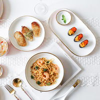 Bol en céramique minimaliste nordique, bord rose doré, assiette à steak, plat à poisson, cuillère, vaisselle, vaisselle en porcelaine personnalisée