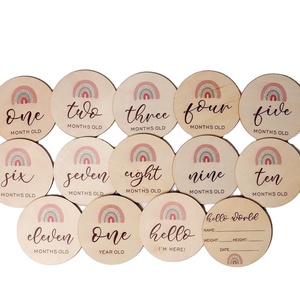 Bonjour <span class=keywords><strong>monde</strong></span> en bois poli bébé naissance douche jalon cartes arc-en-ciel Mile pierre disques pour la première année de bébé - Product Image 1