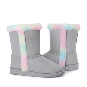 Bottes mi-mollet unisexes pour filles, mode, hiver/toutes saisons, daim gris avec fausse fourrure arc-en-ciel, doublure en peluche douce, antidérapantes, chaudes, pour enfants - Product Image 4