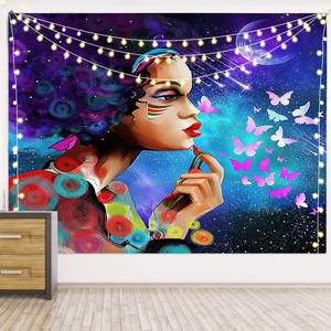 ผ้าแขวนผนังลายศิลปะสาวผิวดำแอฟริกัน ผู้หญิงอเมริกัน ราชินี ไวน์แดง <span class=keywords><strong>สาว</strong></span>นักทำสมาธิ ลายพิมพ์แนวไซคีเดลิก สำหรับตกแต่งบ้าน - Product Image 2