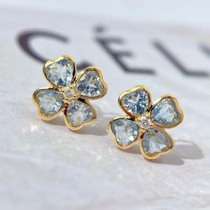 เครื่องประดับชั้นดี Xinfly ต่างหูทองคำ 18k ประดับพลอยอะความารีนธรรมชาติและเพชร รูปใบโคลเวอร์ 4 แฉก สำหรับผู้หญิงและเด็กผู้หญิง - Product Image 1