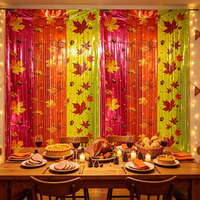 En gros Rideau à franges métalliques en feuilles d'érable pour décorations de fête d'automne et de Thanksgiving, décoration d'usine