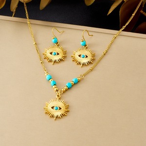 Vintage Style Turquoise <b>Beaded</b> Gold Plated Blue Eye Pendant Jewelry <b>Set</b> Stainless Steel Necklace Women's Fashion Jewelry - Product Image 1