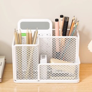 Organizador de oficina, soporte para bolígrafos de escritorio, diseño de malla, almacenamiento de papelería multifuncional, tipo rectangular blanco - Product Image 1