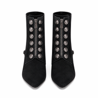 Bottines noires en daim pour femmes, à bout pointu, avec fermeture éclair latérale et bouton métallique, talon chaton, chaussures de mode pour les acheteurs de boutiques et de détail en gros