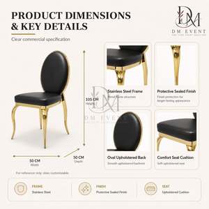 Chaise de mariage ronde en acier inoxydable doré avec dossier médaillon noir et revêtement noir pour mariages et événements de banquet - Product Image 5