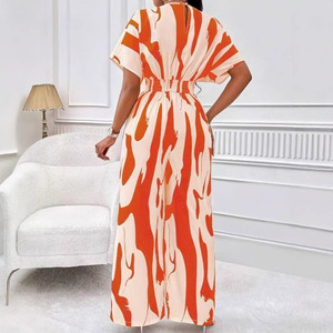 Tuta Intera <span class=keywords><strong>Elegante</strong></span> da Donna con Scollo a V, Stampa All-Over, Maniche a Pipistrello, Gamba Larga, Vestibilità Ampia, Estiva/Primaverile, Colore Arancione, Super Morbida - Product Image 6