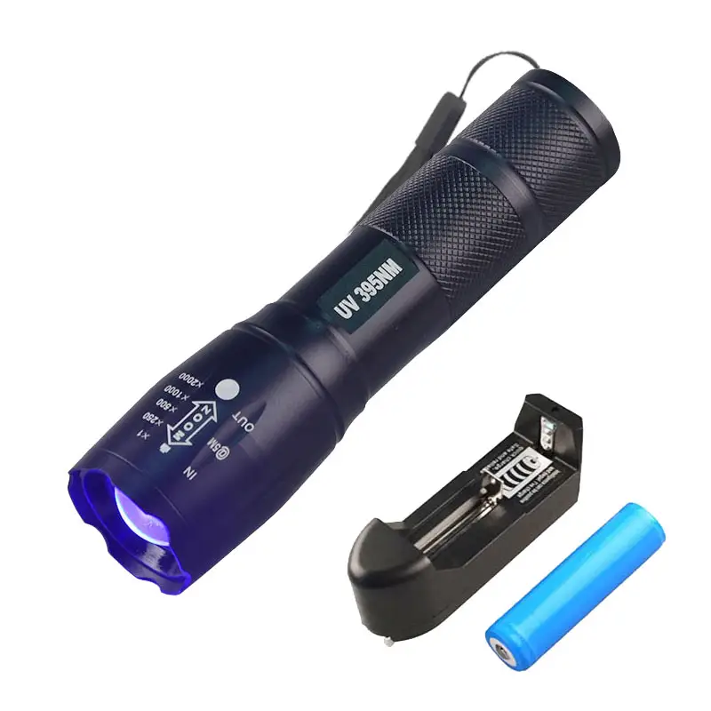 Lampe de poche UV rechargeable à zoom puissant de 395NM Lampe torche UV à LED en aluminium pour utilisation d'urgence avec source d'alimentation par batterie