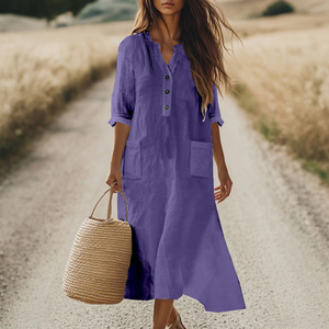 Robe midi d'été premium pour <span class=keywords><strong>femme</strong></span>, coupe ample, demi-manches, avec poches, col Henley, style décontracté, pour grandes tailles - Product Image 3