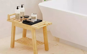 Non-Slip Aid Disability Handle Bamboo Shower Bench Stool Wooden Spa <strong>Seat</strong> 2-Tier <strong>Bathroom</strong> Organizer Shampoo Towel <strong>Storage</strong> Shelf - Product Image 6