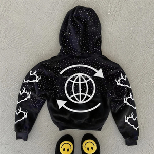 Sudadera con capucha de algodón extragrande personalizada con cremallera, estilo urbano, con bordado desgastado y pedrería, para hombre, ideal para primavera. - Product Image 2