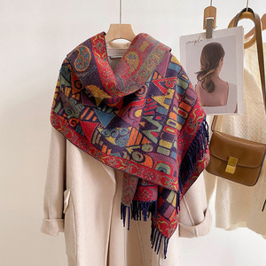 Bufanda tradicional gruesa hilada con núcleo para <span class=keywords><strong>mujer</strong></span> de otoño e invierno, chal de viaje con borlas de estilo étnico, Cachemira cálida con estilo único - Product Image 1