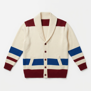 Cardigan d'hiver personnalisé ODM pour homme, style universitaire, 100 % acrylique, ivoire nacré, col, poignets et ourlet en tricot côtelé - Product Image 1