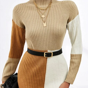 Modello di Grande Tendenza del 2021: Abito Maglione Vintage a Collo Alto Taglie Forti, Abiti Casual da <span class=keywords><strong>Donna</strong></span> a Blocchi di Colore Lavorato a Costine - Product Image 4