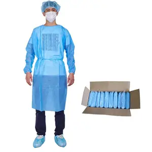 Gaun bedah sekali pakai PP SMS PE, mantel Lab medis dengan manset elastis warna putih biru hijau
