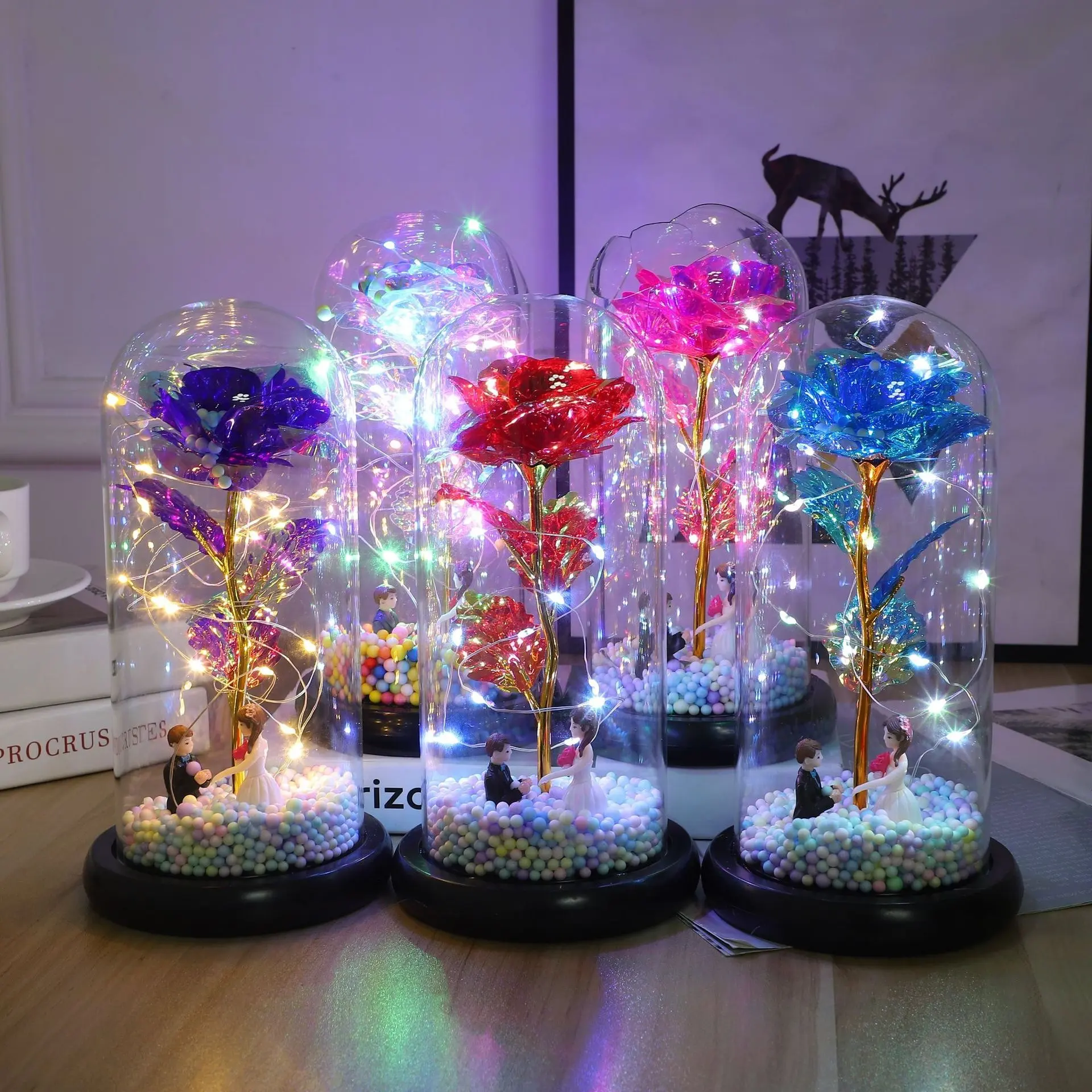 Ensemble de fleurs de galaxie artificielles en or 24k, Rose en verre, idée de noël, lumière Led, cadeau de saint-valentin 2023