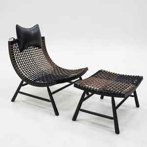 Fauteuil de salon en bois massif de style nordique avec corde en rotin tressée à la main, siège individuel pour parcs et halls extérieurs - Product Image 1