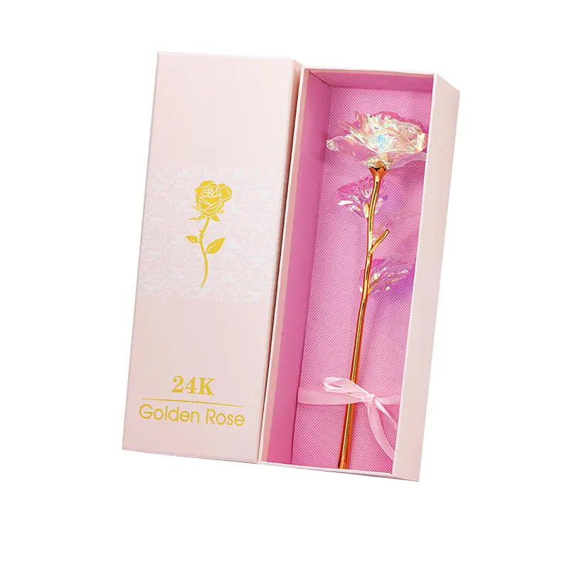 Rosa de cristal artificial em ouro rosé 24k, folha de ouro rosa com led
