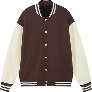 Veste universitaire pour homme en marron et crème avec bordure à rayures blanches, coupe classique, en polyester et coton, col rabattu - Product Image 1