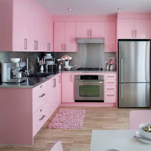 Economy Custom Free Coating Full Pvc Mdf laccate Pink Modern Cabinet Kitchen con isola - Product Image 5