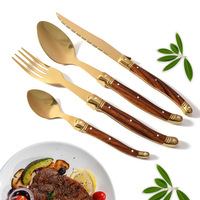 Service de table Laguiole rétro de luxe, style américain, en acier inoxydable, incrustation dorée, passe au lave-vaisselle, couteau à steak, fourchette, cuillère à soupe