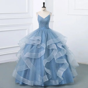 Sky Blue Ball Gown Evening Dress Strapless Empire Waist Ruffles Formal Party Wear - Product Image 1