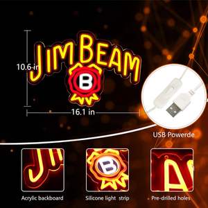 Letrero LED de Neón con Diseño de Whisky Jim Beam para Decoración de Pared, Alimentado por USB, para Uso en Centros Comerciales y Bares Domésticos, Multicolor, Resistente al Agua IPX3 - Product Image 3