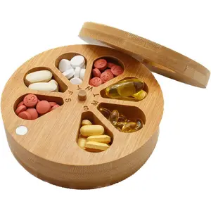 Vòng y học tổ chức Pill trường hợp hàng tuần hộp thuốc xách tay gỗ tre Pill Box với nắp