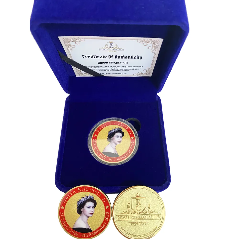 Moneda de recuerdo conmemorativo de oro de la Reina elizabeth ii, precio al por mayor, barata, personalizada, 2022
