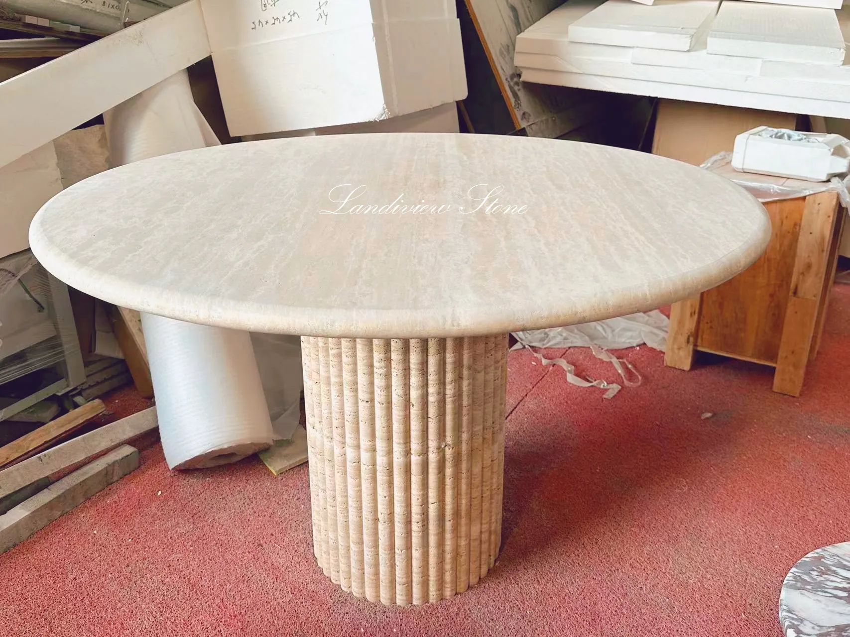 Cava Fluted Round Beige Travertine Dining Table Living Room Stone Furniture Travertine Dining Table