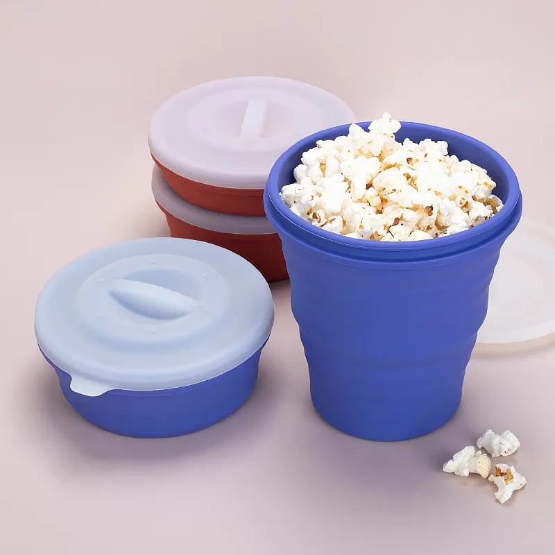 Zusammen klappbarer Silikon-Popcorn-Popper Bpa Kostenlose Silikons chale mit Deckel Küchen zubehör Back geschirr Faltbarer Silikon-Popcorn-Hersteller