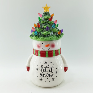 Christmas Snowman <b>Cookie</b> <b>Jar</b> With Led Tree Lid Resin Airtight Kitchen Storage Container Holiday Decor - Product Image 1