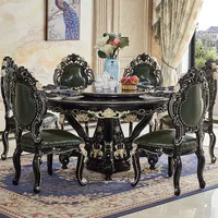 Table à manger de luxe française européenne avec 6 chaises en cuir, cadre en bois sculpté, plateau en marbre massif, ronde/carrée, pour appartement