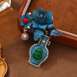 Broche en métal plaqué or vintage, style traditionnel antique, avec <span class=keywords><strong>gourde</strong></span> bleue, fleur et perle, pour femme, usage quotidien - Product Image 4