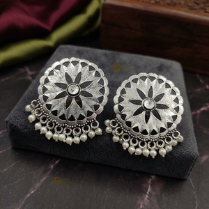 Light Weight Oxidized <b>Silver</b> Plated <b>Stud</b> Earrings With Pearl Work Gift for Casual Party Wear Handmade Bulk Product - Product Image 3