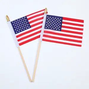 Popular Estados Unidos de 14*21cm América poliéster mão acenando De Madeira Pólo ou Plástico Pólo bandeira Para Atividades Promocionais