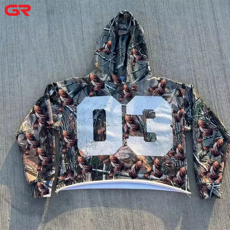 Manufacturer Custom Terry Cotton Dtg Printed Camo Cropped Raw Hem Hoodie Men All Over Print Camouflage Hoodies