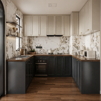 Système de cuisine modulaire italien minimaliste avec évier, plans de travail en stratifié marbré, glissières de tiroirs à fermeture douce, blanc laqué brillant