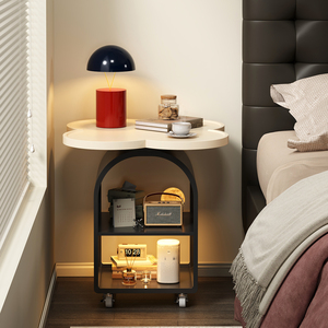 Comodino a Forma di Quadrifoglio con Illuminazione a Sensore di Movimento e Ruote, <span class=keywords><strong>Piano</strong></span> <span class=keywords><strong>in</strong></span> <span class=keywords><strong>Legno</strong></span>, Comodino Mobile - Product Image 2