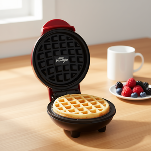 Mini gaufrier électrique avec plaques antiadhésives, 1000W, appareil ménager en acier inoxydable par Myrva, design rond pour une cuisson facile - Product Image 2