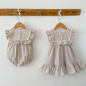 Modische Babykleidung für Mädchen, gestreiftes Spitzenkleid, Sommer, neuer Baby-Strampler, passendes Outfit für Schwestern, Prinzessinnenkleider - Product Image 3