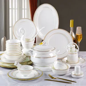 Luxury Gold Rim Fine China Bone Dinnerware Crockery Dinner Sets Porcelain Plates Sets Dinner Ware For Home Dishes Plates