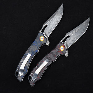 Pisau taktis baja Damaskus pisau lipat luar ruangan gagang serat karbon merah GT-DM026 - Product Image 2