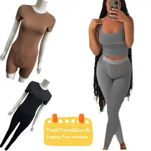 custom poly spandex rib S lounge wear 2022 wholesale loungewear women tee t shirt and boy shorts sets for women leggings set