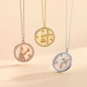 Wholesale 925 Sterling <strong>Silver</strong> Zodiac Sign <strong>Shell</strong> Coin Pendant Gold Vermeil CZ Diamond Zirconia <strong>Necklace</strong> with Trendy Style - Product Image 3