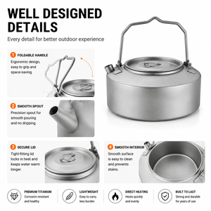 Bouilloire en titane pur 1L, ustensile de cuisson ultraléger pour équipement de camping en plein air de grande capacité, théière de randonnée en titane - Product Image 4