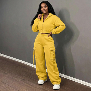 Women Yellow Hooded Tracksuit Full Sleeve Solid Color <b>Cargo</b> <b>Pants</b> Loose Fit Streetwear Autumn Plus Size Adult Sweatshirt Set - Product Image 3
